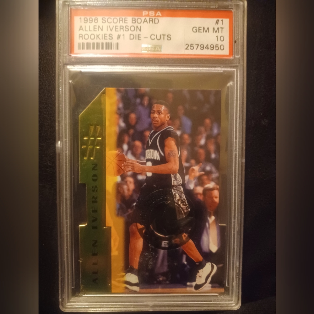 A 1997 Scoreboard rookie Allen Iverson basketball card P.S.A. graded at a 10